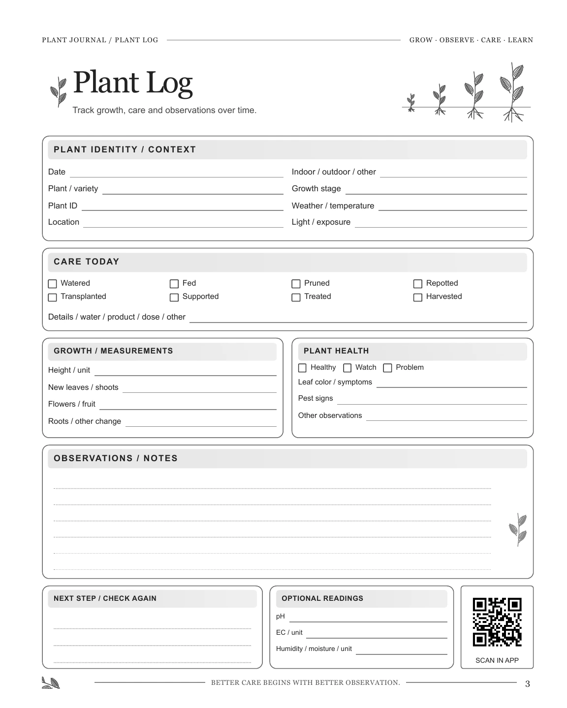 Pagina 3 del Plant Journal: registro delle piante, cure e osservazioni, con QR da scansionare nell’app